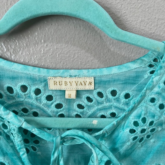 Ruby Yaya Embroidered Eyelet Shift Dress W/ Slip Flare Short Sleeve Aqua Cotton - Picture 3 of 12